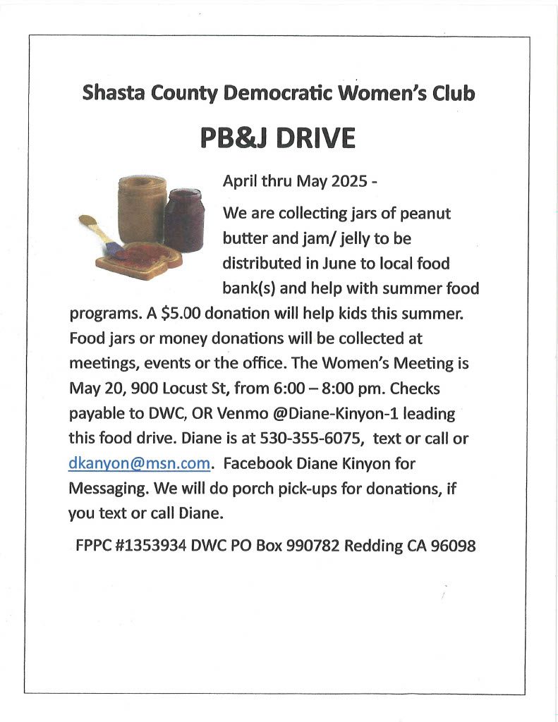 PB&J Food Drive through MayCall 530-355-6075 for information